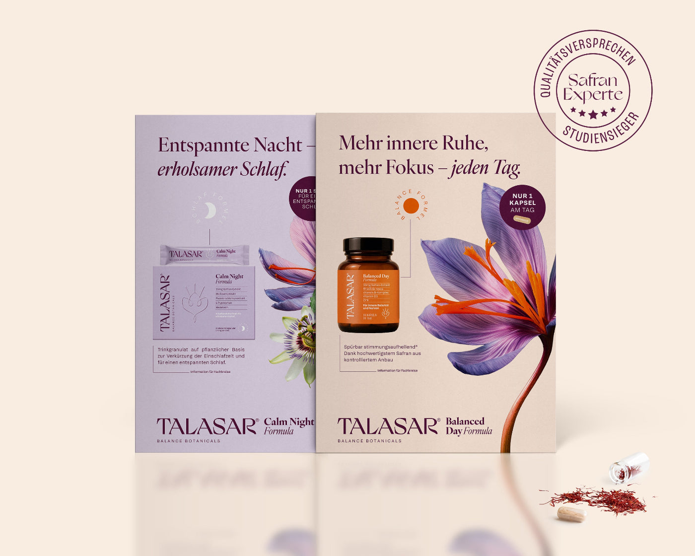 Talasar Calm Night und Talasar Balanced Day Flyer. Darüber das Qualitätsversprechen und darunter ein geöffneter Container mit Safranfäden.