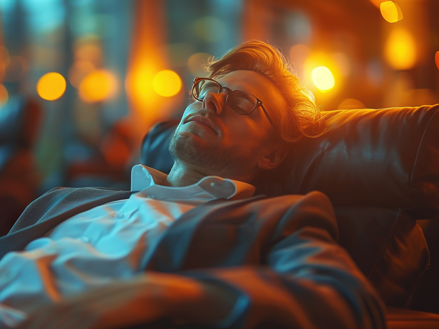 Ein Mann liegt auf einem Sofa, er trägt Businesskleidung. Er hat die Augen geschlossen, hinter ihm sieht man Lichter, als wenn er in einem Foyer sitzt.