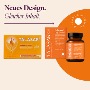 Verpackungswechsel TALASAR Safran-Extrakt: altes gelbes Design und neues oranges Balanced Day Design mit gleichem Inhalt