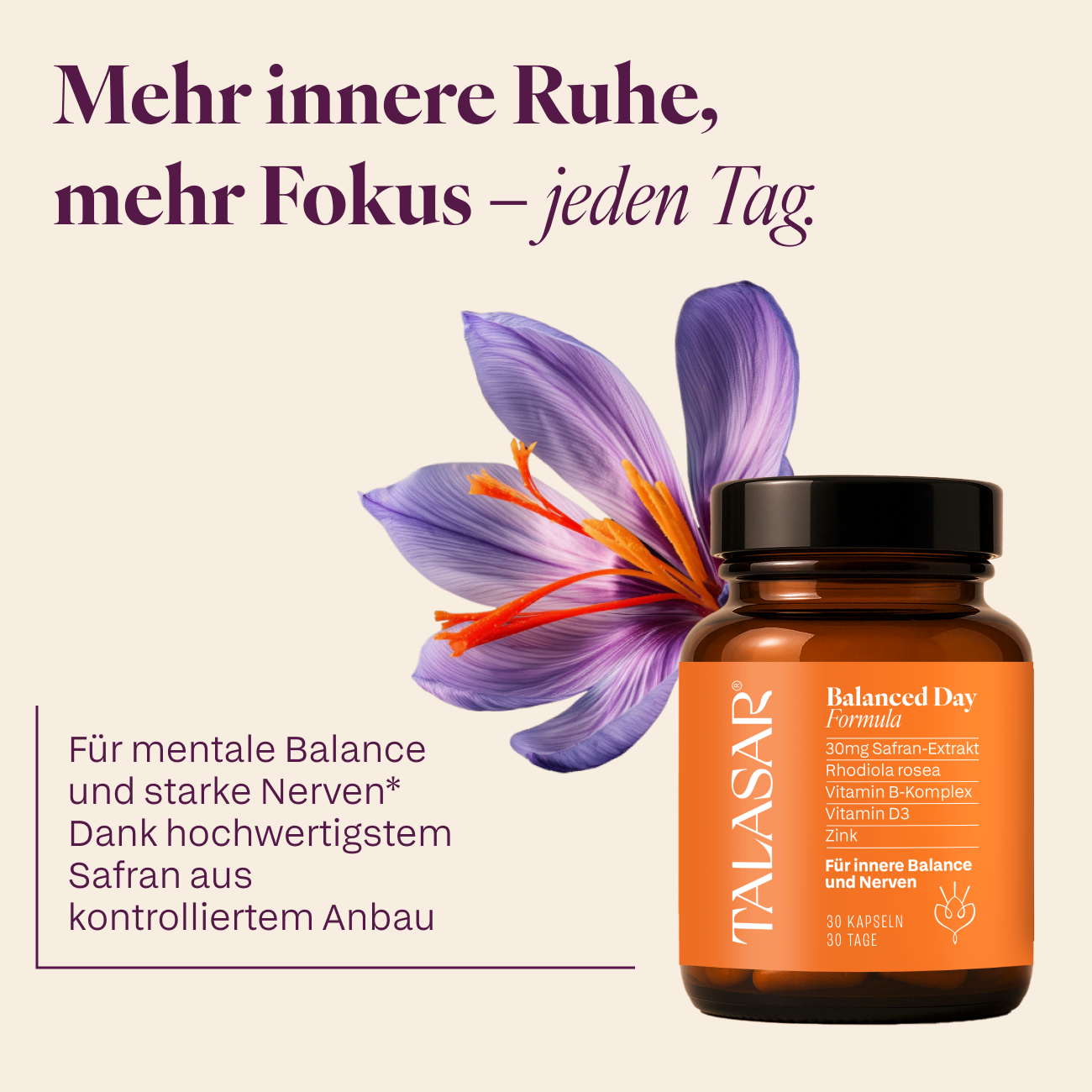 TALASAR Balanced Day Braunglasdose vor einer Safranblüte, mit Safran aus kontrolliertem Anbau