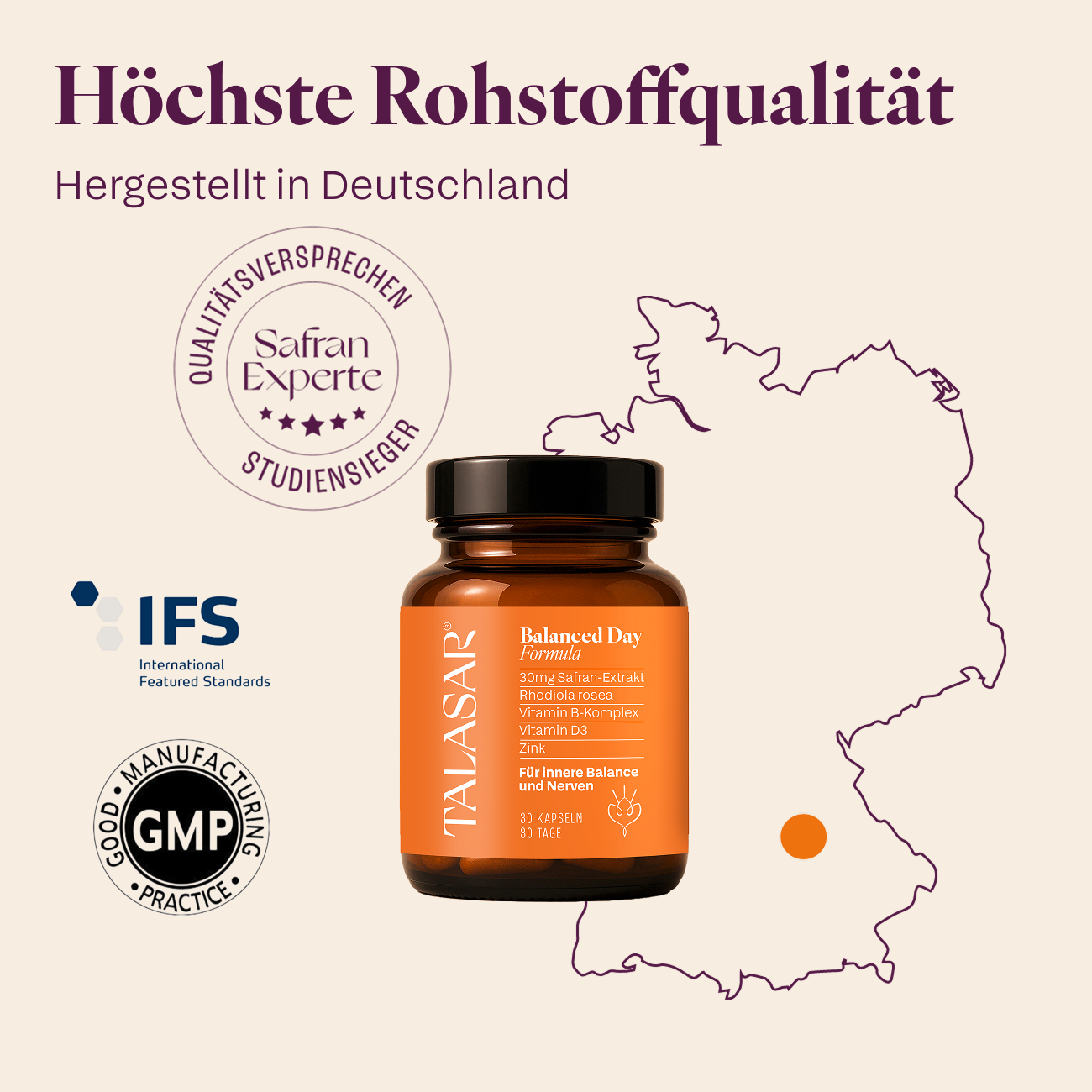 TALASAR Balanced Day Dose vor Deutschlandkarte mit IFS und GMP Zertifizierung, hergestellt in Deutschland