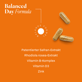 Inhaltsstoffe TALASAR Balanced Day: patentierter Safran-Extrakt, Rhodiola rosea, Vitamin B-Komplex, Vitamin D3 und Zink