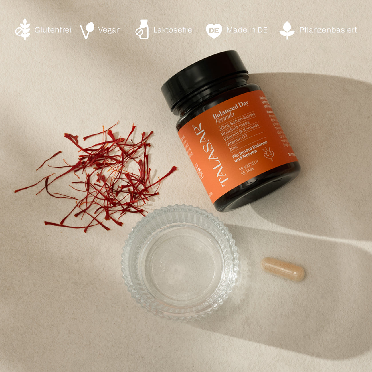 TALASAR Balanced Day Dose mit Safranfäden und einer Kapsel, vegan, glutenfrei, laktosefrei und made in Germany