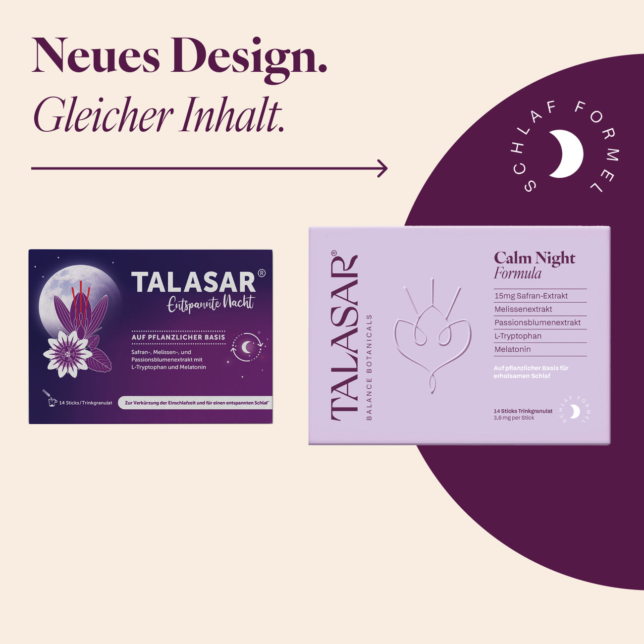 Verpackungswechsel TALASAR Entspannte Nacht: altes dunkles Design und neue Calm Night Packung mit gleichem Inhalt