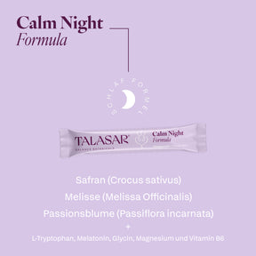 Inhaltsstoffe TALASAR Calm Night: Safran, Melisse, Passionsblume, L-Tryptophan, Melatonin, Glycin, Magnesium und Vitamin B6