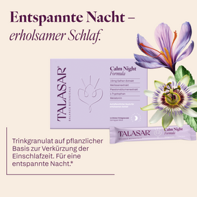 TALASAR Calm Night Trinkgranulat mit Safranblüte und Passionsblume, zur Verkürzung der Einschlafzeit