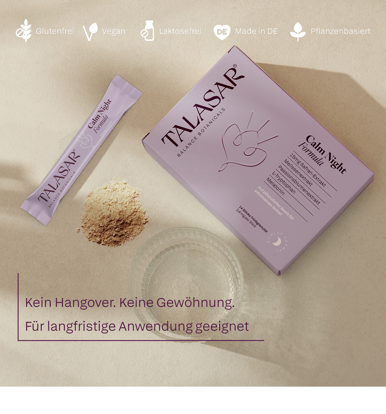 TALASAR Calm Night Packung mit Stick und Granulat, vegan, glutenfrei, laktosefrei und made in Germany