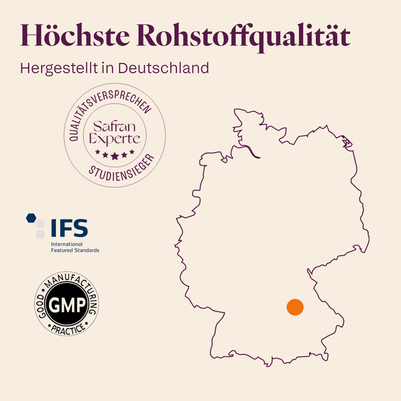 Deutschlandkarte mit Safran Experte, IFS und GMP Siegel für die Herstellung von TALASAR in Deutschland