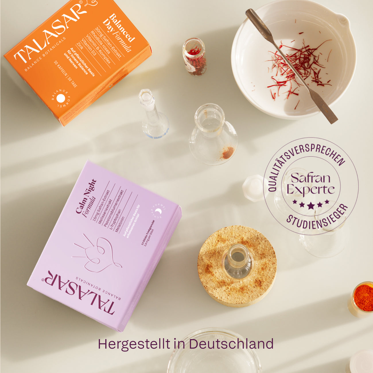TALASAR Balanced Day und Calm Night mit Safranfäden und Laborglas, hergestellt in Deutschland